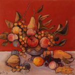 Coupe de fruits sur fond rouge (de)