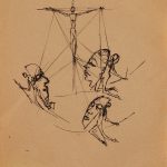Christ et trois humains avec des boucliers en forme de masque. Dessin au stylo noir sur papier ivoire